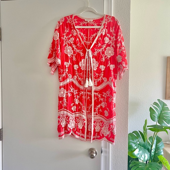 Solitaire Tunic Top Wrap Coral Pink White Embroidered Bohemian Boho Chic Coverup - Picture 1 of 7